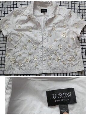 J. Crew White Size 6 Beaded Short Sleeve Button Down Shirt NWOT